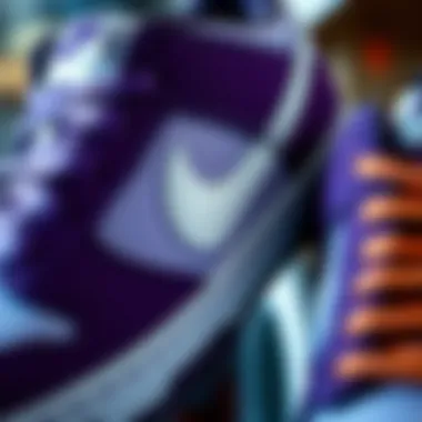Design Unveiled: The Aesthetics of Nike Dunks Close-up of the design elements of purple and white Nike Dunks