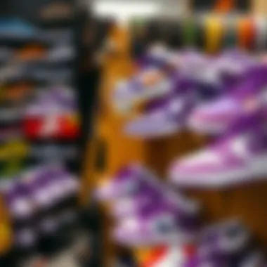 Cultural Hub: Dunks in the Skate Shop Collection of purple and white Nike Dunks displayed in a skate shop