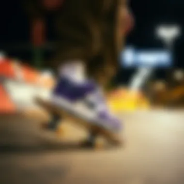 On the Board: Dunks in Action Skater performing tricks while wearing purple and white Nike Dunks