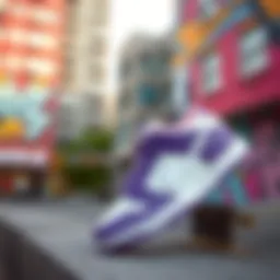 Purple and white Nike Dunks showcased against a vibrant urban backdrop
