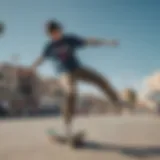 Skateboarder wearing a Champion Heritage shirt performing a trick