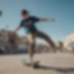 Skateboarder wearing a Champion Heritage shirt performing a trick