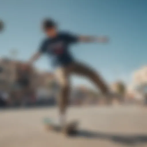 Skateboarder wearing a Champion Heritage shirt performing a trick