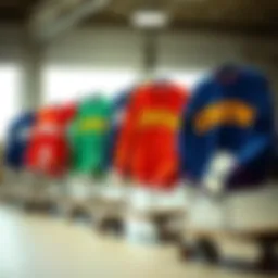 A collection of vibrant crew sweatshirts displayed on skateboards