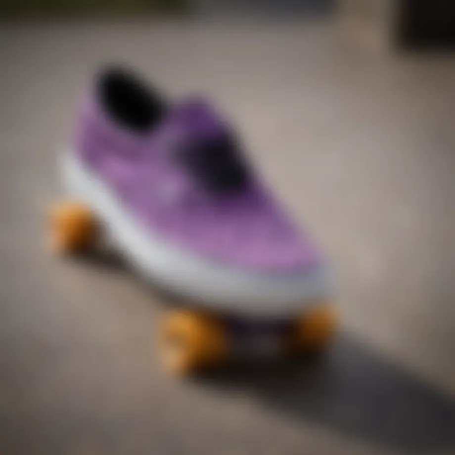 Purple cheetah Vans showcased on a skateboard