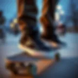 Stylish black hi-top shoes on a skateboard