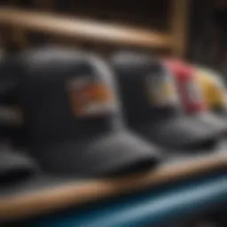 A collection of custom black trucker hats displayed on a skateboard