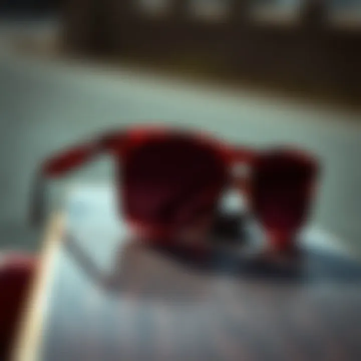 Close-up of dark red sunglasses on a skateboard deck