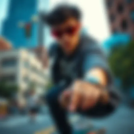 A skateboarder wearing dark red sunglasses in an urban setting