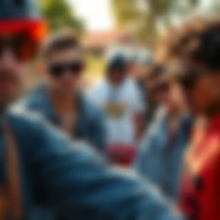A group of skateboarders showcasing their dark red sunglasses