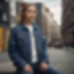A stylish dark wash cropped denim jacket displayed on a trendy urban backdrop.