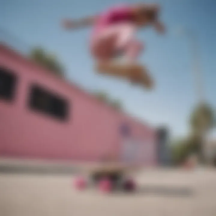 Skateboarder performing tricks while wearing Pink Leopard Vans