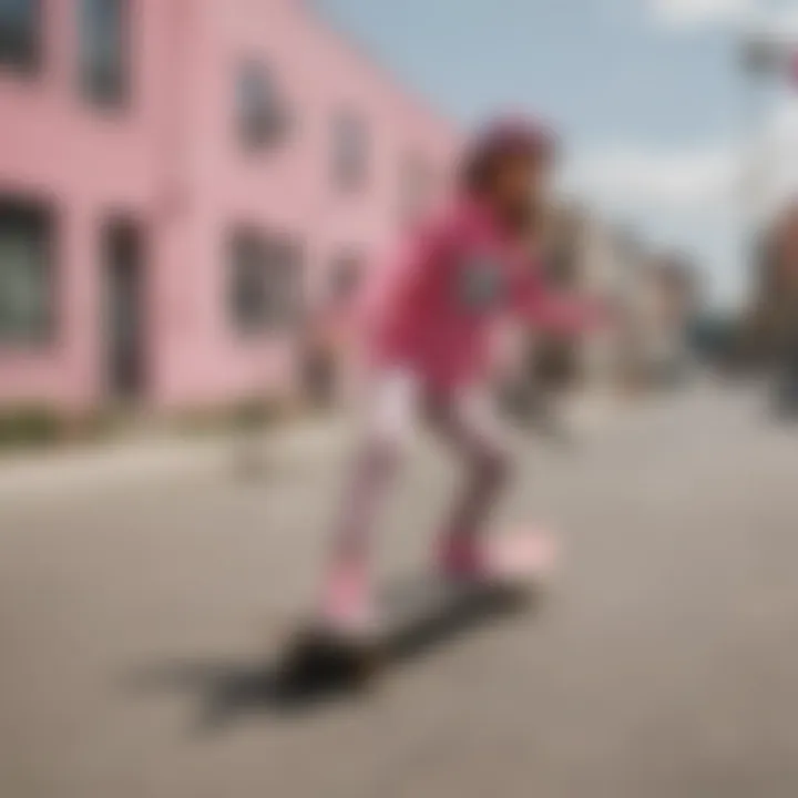 Group of skateboarders in a vibrant urban setting with Pink Leopard Vans