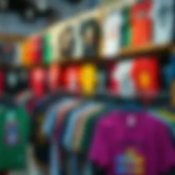 A vibrant collection of graphic tees displayed in a retail store