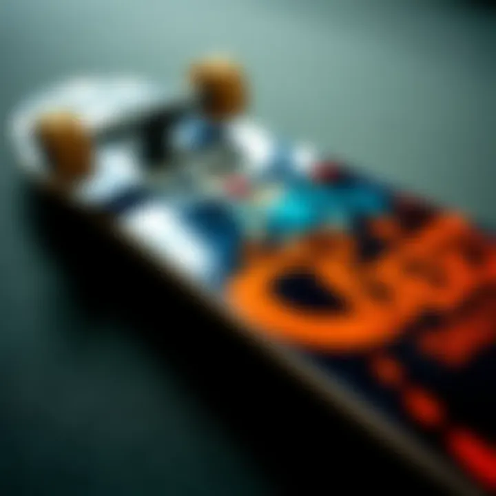 Artistry on Skateboards Close-up of a skateboard deck featuring custom graphic art