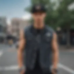 Stylish black denim vest paired with skateboard gear