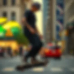 A skater showcasing stylish black fitted overalls on a vibrant city street