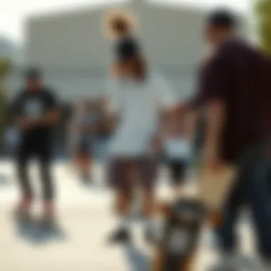 Skateboarders in a community gathering wearing DC gear