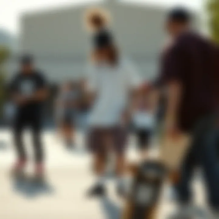 Skateboarders in a community gathering wearing DC gear