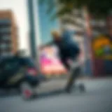 A skateboarder performing tricks in a vibrant urban landscape