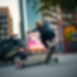A skateboarder performing tricks in a vibrant urban landscape