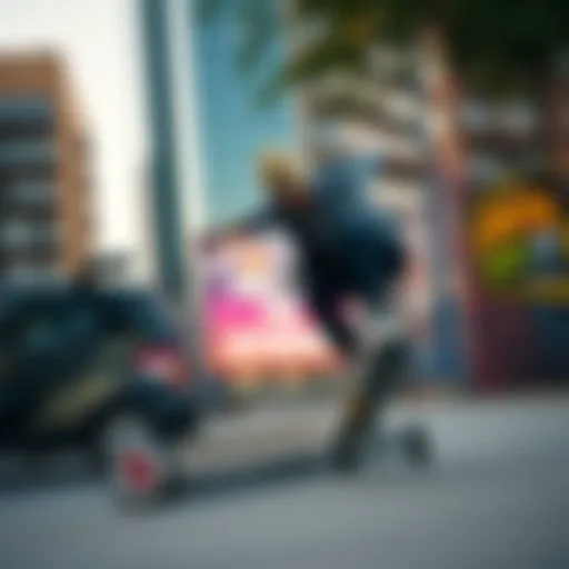 A skateboarder performing tricks in a vibrant urban landscape