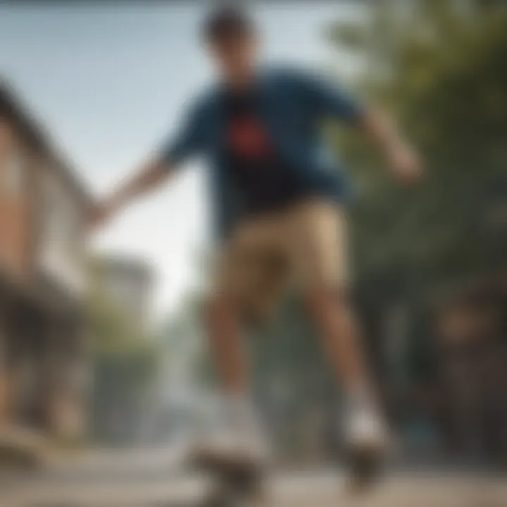 Skateboarder wearing Dickies carpenter jean shorts in action