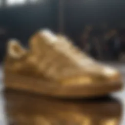 A close-up view of gold Adidas sneakers showcasing their intricate design.