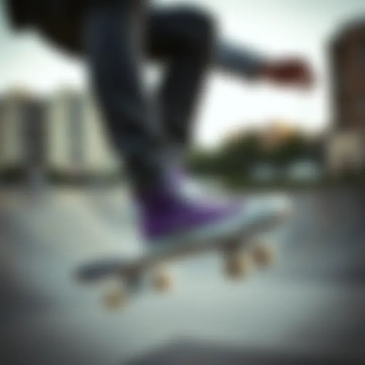 Skateboarding in Purple Converse A skateboarder wearing purple Converse shoes in an urban skate park.