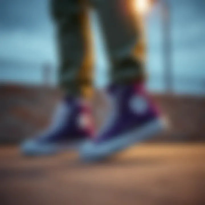 Streetwear Style with Purple Converse Stylish outfit featuring purple Converse, showcasing streetwear aesthetics.