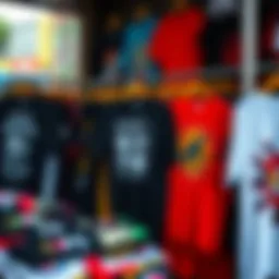 Diverse collection of graphic tees displayed in a vibrant urban setting