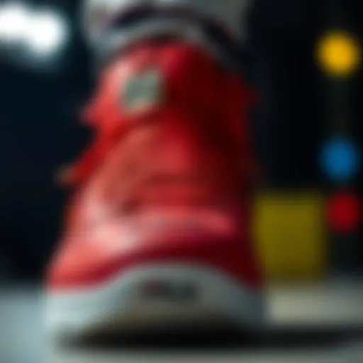 A detailed view of the Red Fila Disruptor 2 showcasing its unique design elements
