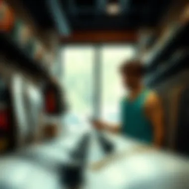 Person selecting a tank top in a trendy skate store