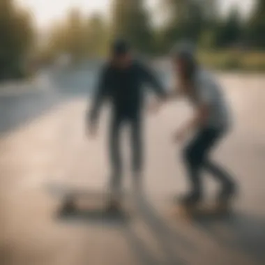 Skaters Sharing Mentorship Two skaters sharing a moment of mentorship at a skate spot