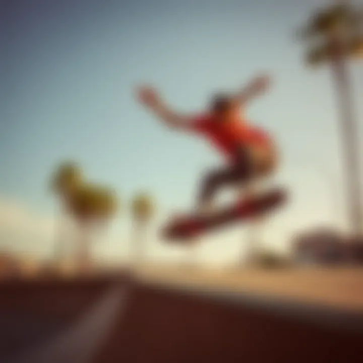 An iconic skateboarder performing a trick at a famous location