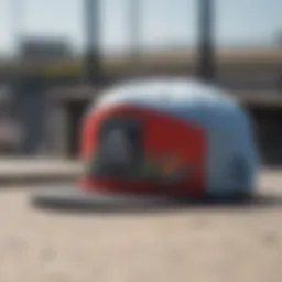 A close-up view of a trendy snapback hat with a vibrant design.