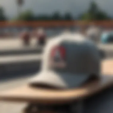 A vintage baseball cap resting on a skateboard at a skate park.