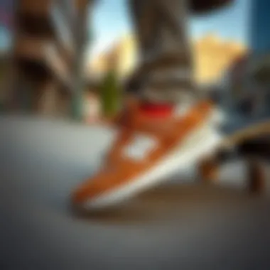 Skateboarding with Style: New Balance Suede New Balance suede shoes in an urban skateboarding environment