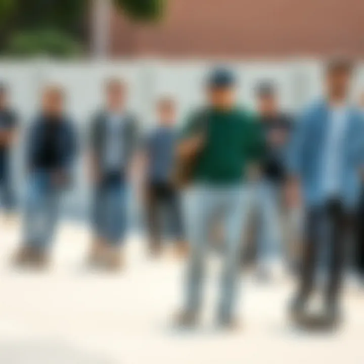 Skateboarding Community in Style A group of skateboarders showcasing their unique styles with skinny Dickies.