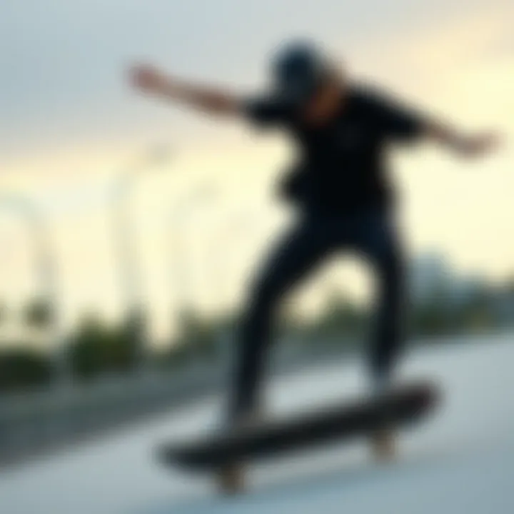 Dynamic Skateboarding in Skinny Dickies Skateboarder performing tricks while wearing skinny Dickies.