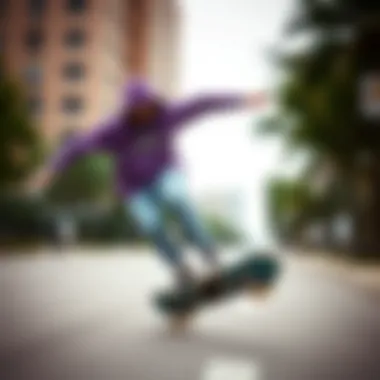 Skateboarder wearing the purple hoodie in action