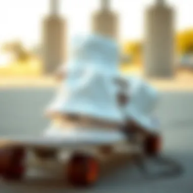 Bucket Hats on a Skateboard A collection of cheap white bucket hats displayed on a skateboard