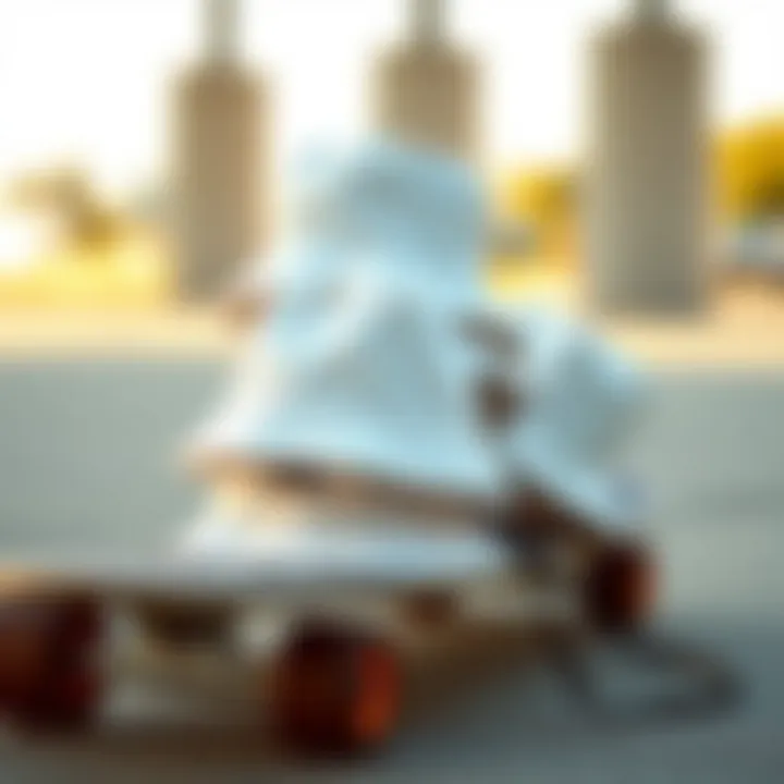 Bucket Hats on a Skateboard A collection of cheap white bucket hats displayed on a skateboard