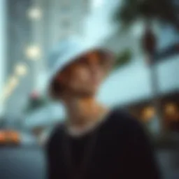 A stylish skateboarder wearing a cheap white bucket hat