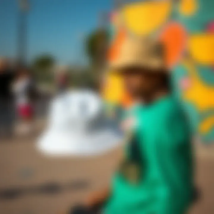 Bucket Hats in a Vibrant Skatepark A vibrant skatepark scene highlighting bucket hats in action