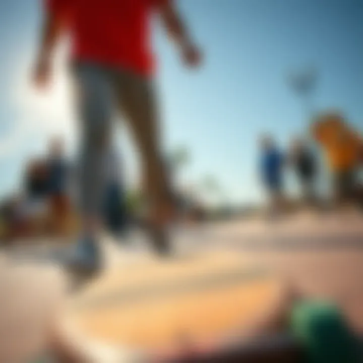 A vibrant longboarding culture scene featuring enthusiasts enjoying the Arbor Drop Deck Longboard on a beautiful day.