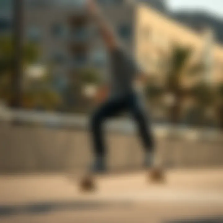 An experienced rider demonstrating advanced techniques on the Arbor Drop Deck Longboard in an urban setting.