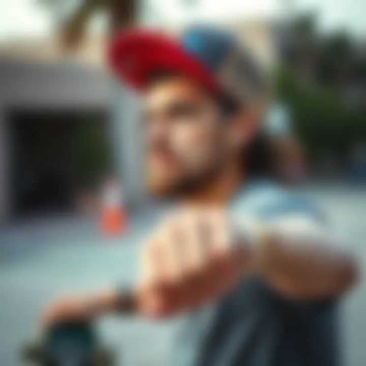 An outdoor scene featuring a skateboarder wearing a trendy trucker hat, embodying the culture of skateboarding.