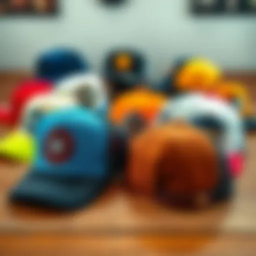 A stylish selection of trucker hats arranged on a wooden table, showcasing various colors and designs.