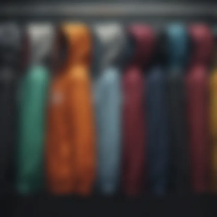 An artistic display of various colors and styles of zip up hoodies on hangers